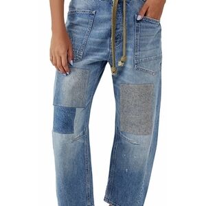 WE THE FREE Moxie Low Slung Pull on Barrel Jeans in Truest Blue